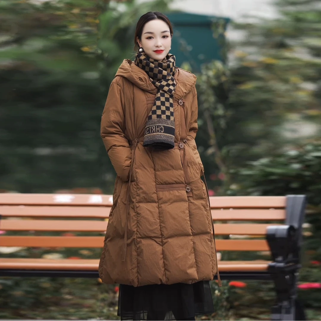 长款羽绒服女冬款设计感宽松保暖白鸭绒外套连帽收腰气质时尚气质