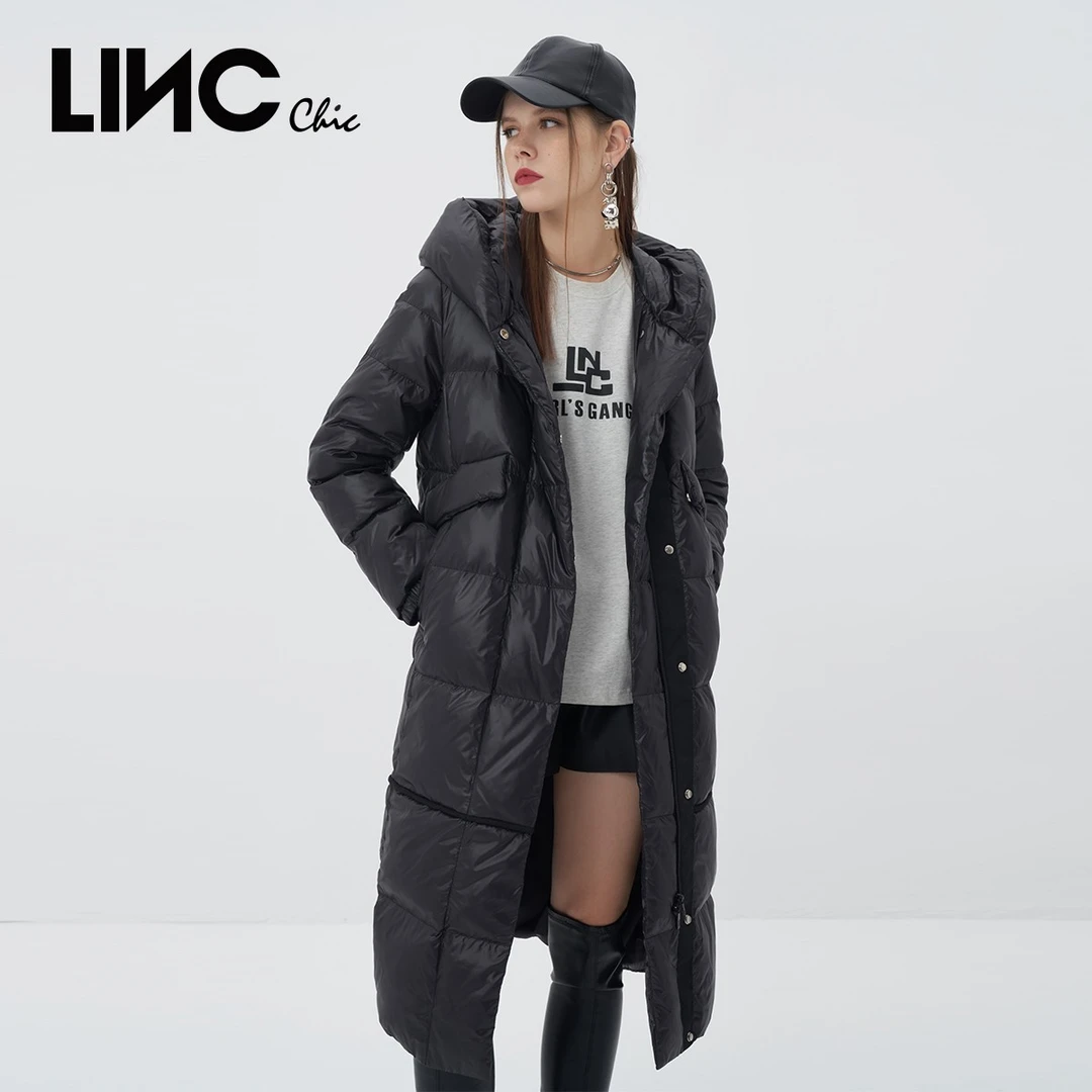LINC金羽杰长款羽绒服女秋冬新款拼接连帽羽绒服冬季女Y21808313