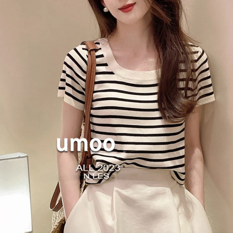 条纹t恤短袖女夏季内搭打底衫2025方领针织薄款短款上衣5645