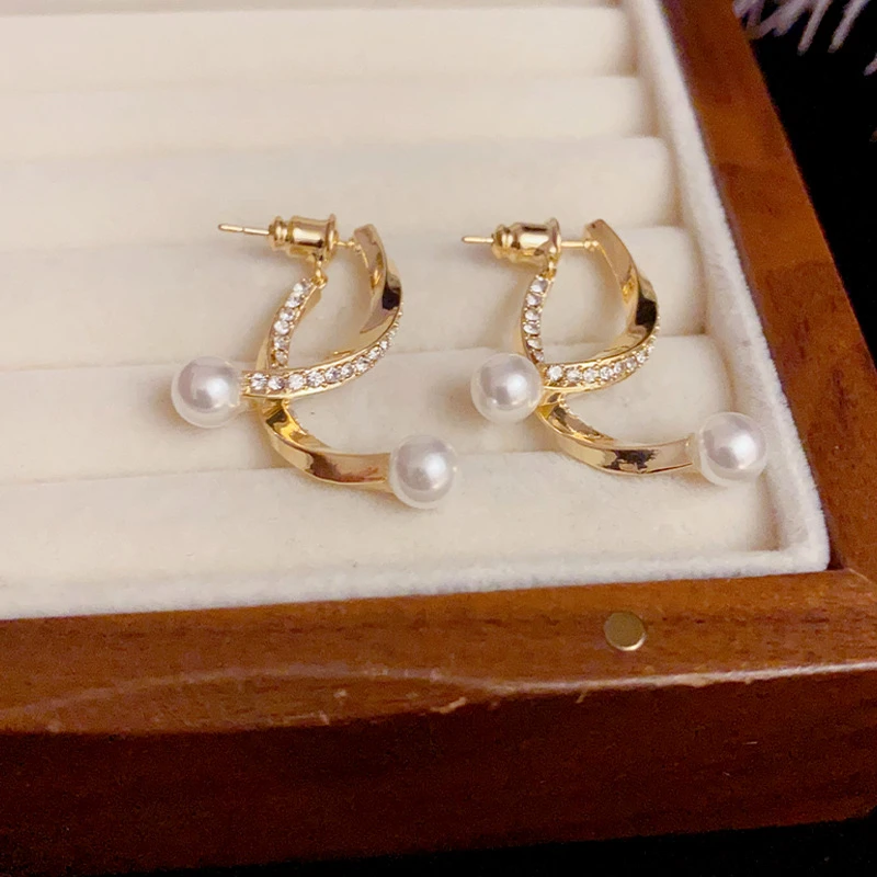 铜合金耳饰 日韩优雅复古轻奢前后两戴交叉珠珠耳环