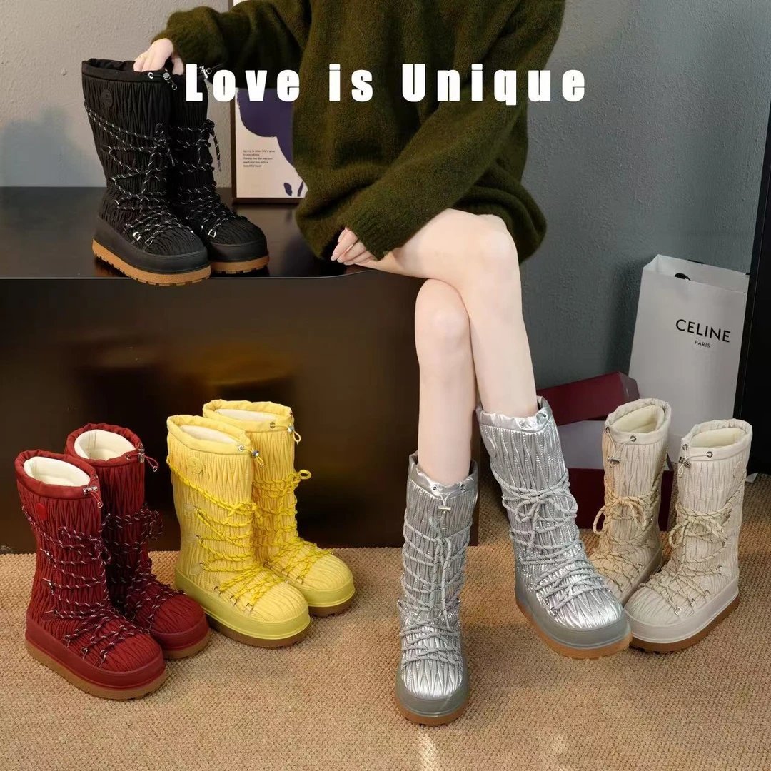 一言·复古时尚褶皱尼龙绑带雪地棉厚底冬季2024新款女靴88701