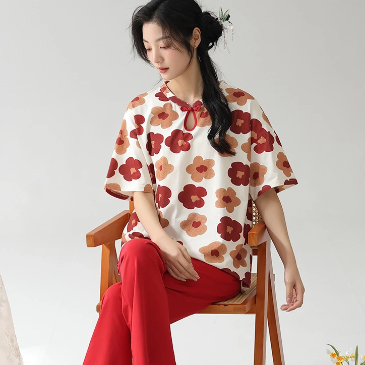 中国风睡衣女士夏季纯棉短袖长裤新中式旗袍款时尚港风家居服套装