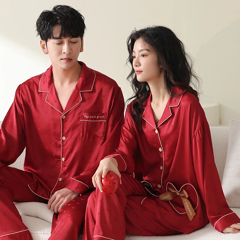 情侣睡衣女春秋款冰丝长袖夏季新婚结婚本命年红色男士家居服套装