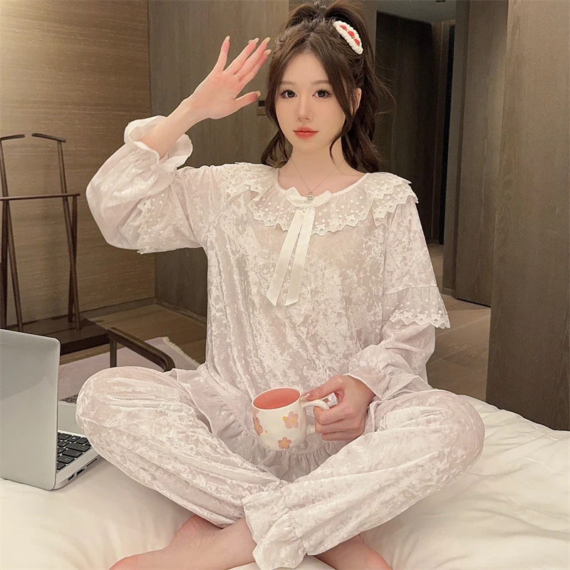 秋冬季金丝绒睡衣女甜美蕾丝仙女风长袖长裤高级感保暖少女家居服