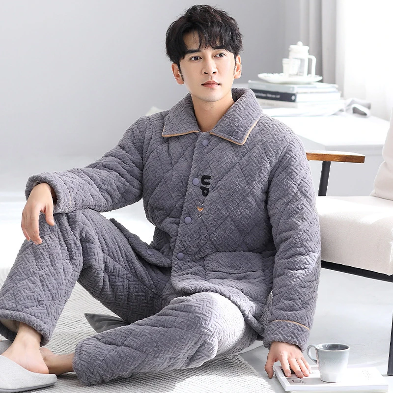 秋冬款三层夹棉袄加厚珊瑚绒男士睡衣大码法兰绒青中年人家居服男