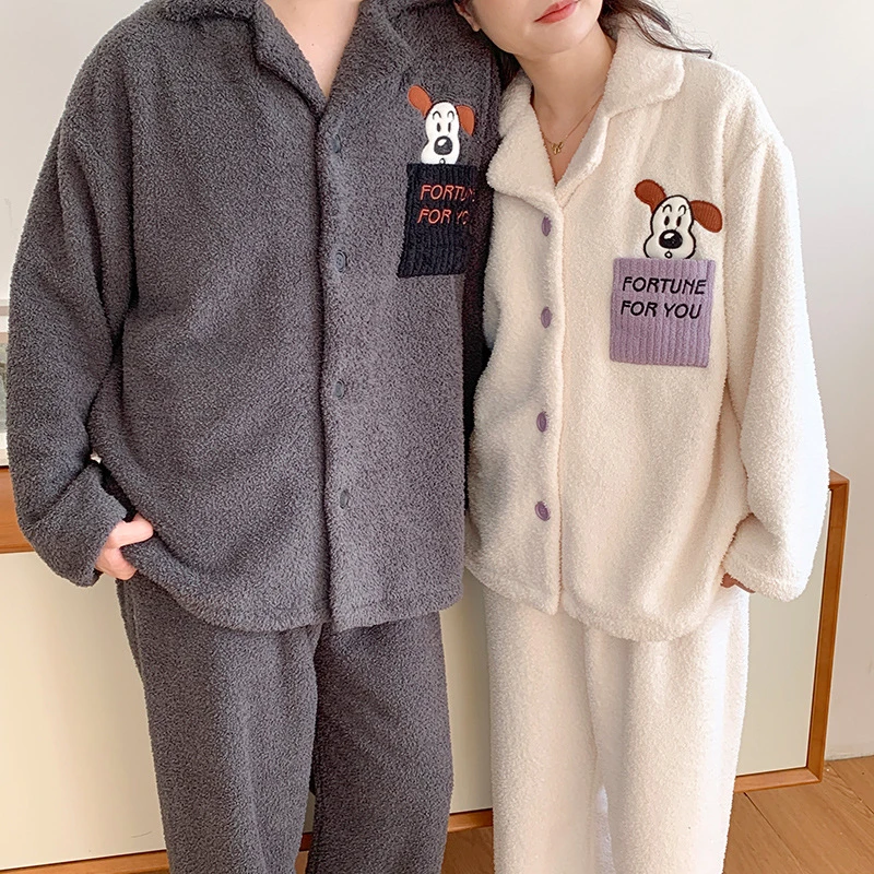 半边绒情侣睡衣女秋冬季加绒加厚卡通男士休闲家居服情侣保暖套装