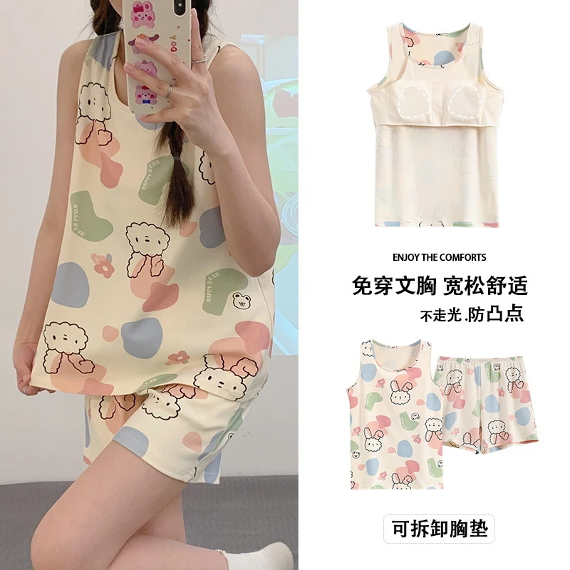 2025年新款睡衣女夏季纯棉背心无袖卡通可爱带胸垫家居服女夏套装