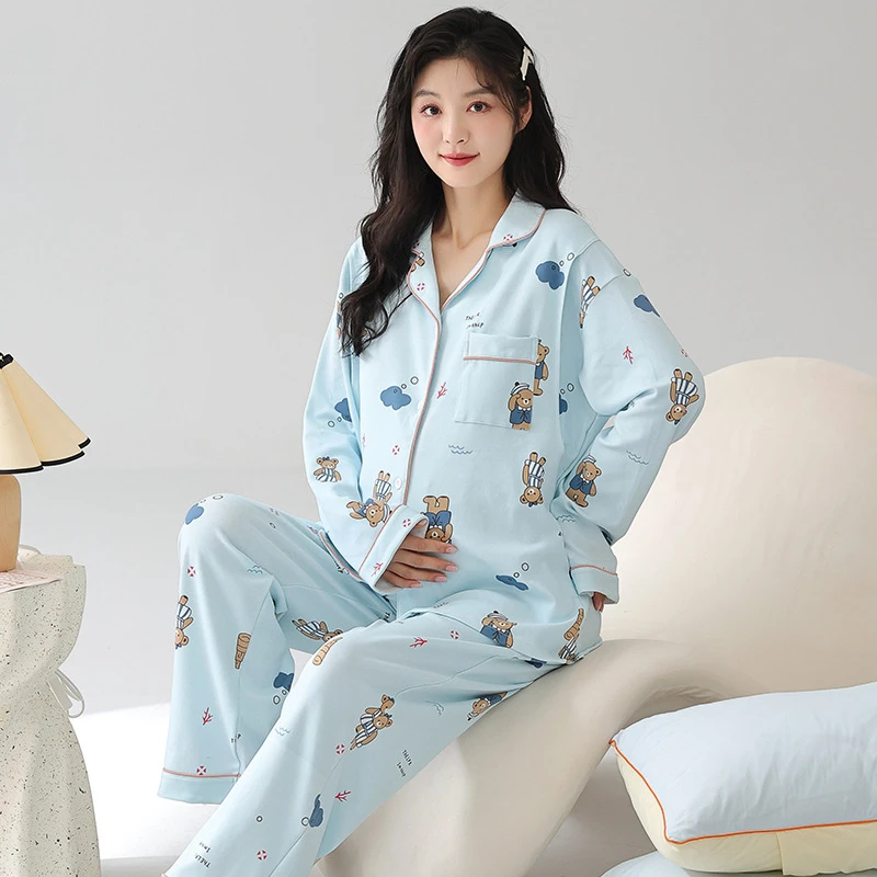 月子服睡衣女2024春秋季带胸垫孕妇哺乳期套装产后喂奶孕妈家居服