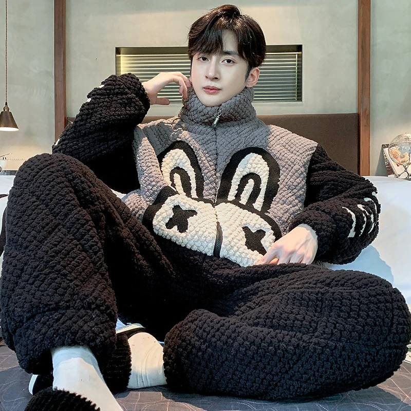 冬季加厚三层夹棉珊瑚绒睡衣男秋冬款男士家居服保暖加绒男套装冬