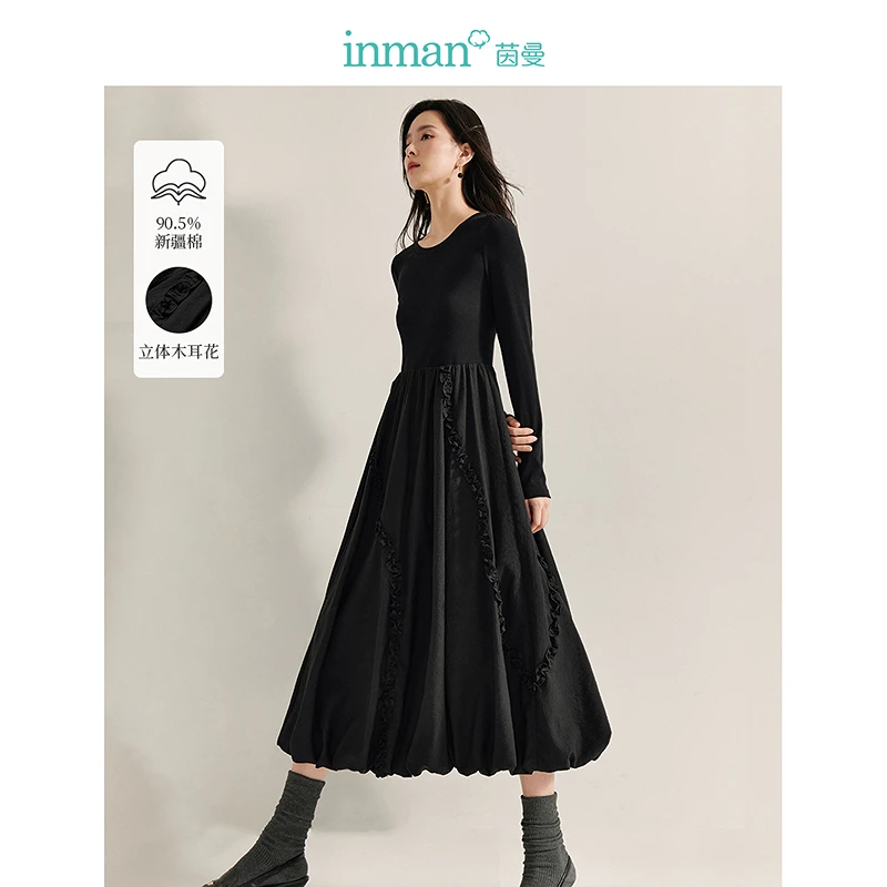 【双旦礼遇季】茵曼春季法式气质木耳边拼接连衣裙小众高级感花苞裙