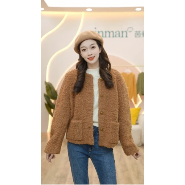 【早春穿搭】茵曼圈圈呢上衣女外套圆领瘦小香风加厚保暖秋冬厚外