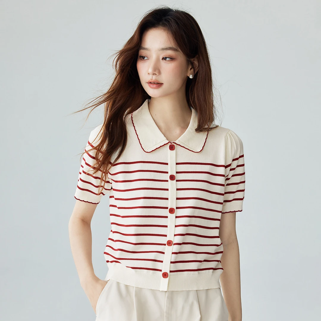 【尤莱特】茵曼夏季凉感冰丝撞色条纹女款POLO衫复古时尚舒适针织衫