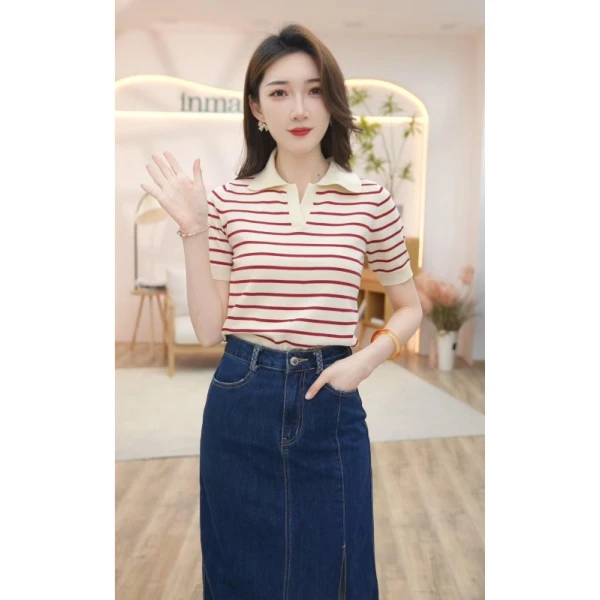 【高能感】茵曼秋季新款时尚设计感百搭显瘦休闲翻领短袖针织衫女