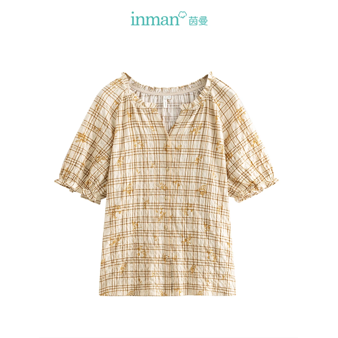 【茵曼女装】茵曼休闲格纹衬衫简约显瘦衬衣上衣K18426238