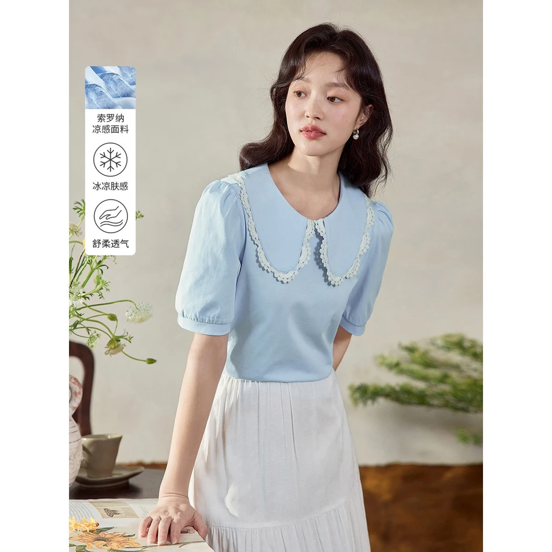 茵曼2023夏季女装新款撞色娃娃领泡泡袖修身显瘦田园T恤