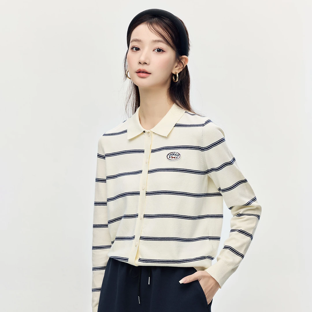 茵曼撞色条纹学院风针织开衫女秋冬新款文艺时尚百搭舒适上衣