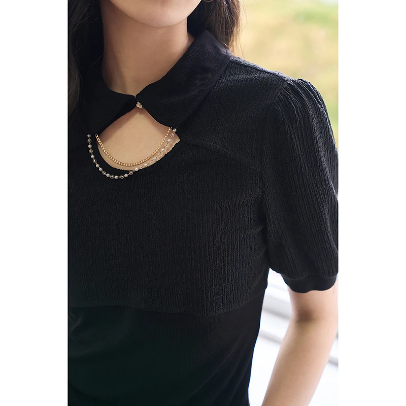 【反季清仓】茵曼2022夏季女装梨涡系列提花泡泡袖显瘦链条T恤