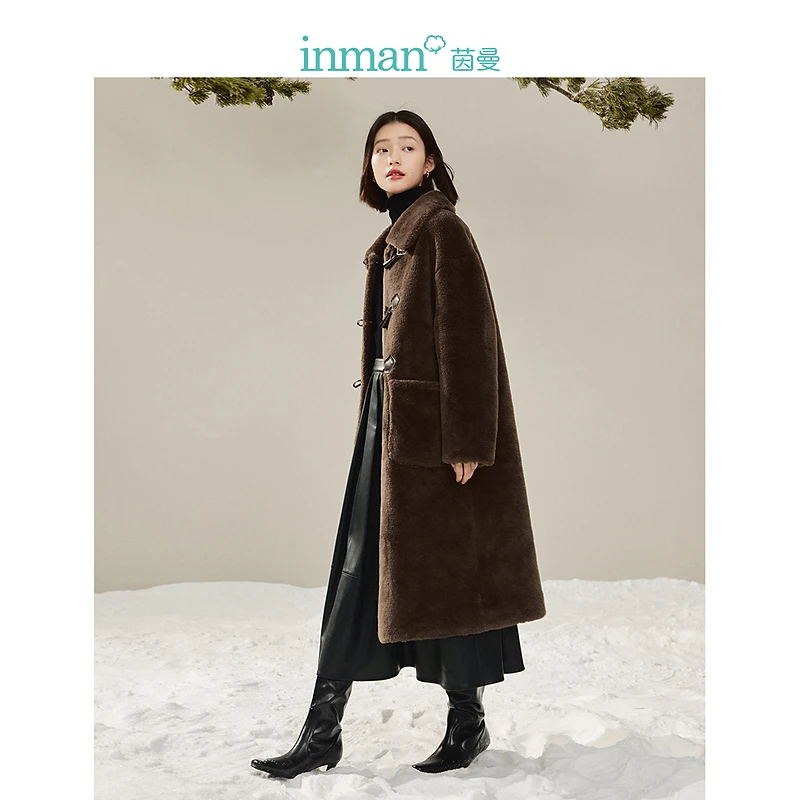 茵曼牛角扣加绒外套季厚外套女装复古连帽宽松保暖上衣秋冬厚外套