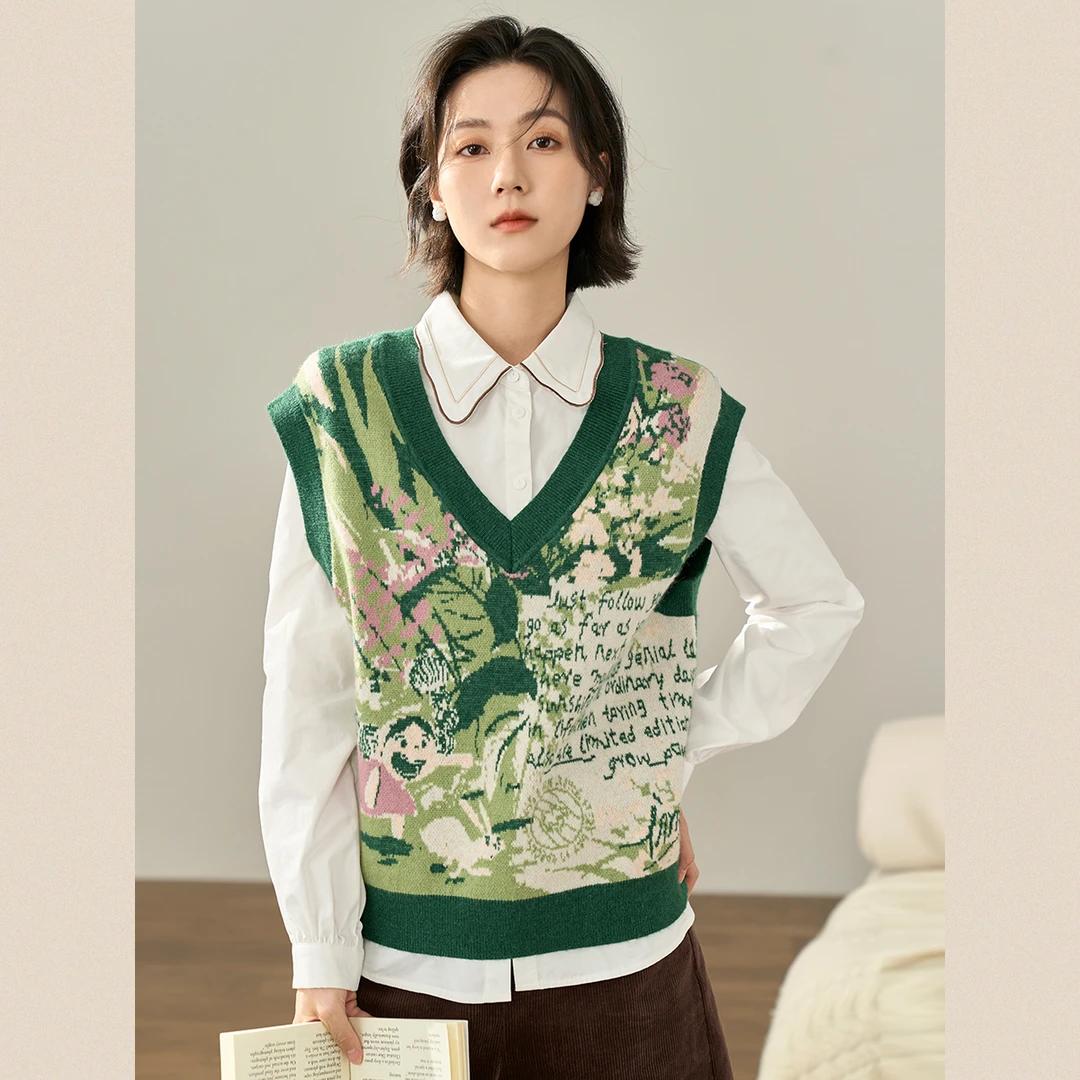 茵曼米雷文艺25年春季无袖田园V领套头趣味提花撞色背心马甲毛衣