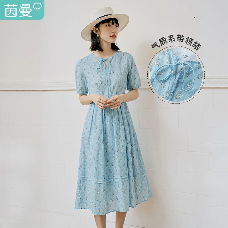 【春季清仓】茵曼女装连衣裙碎花春季泡泡袖显瘦纯棉裙子薄荷曼波