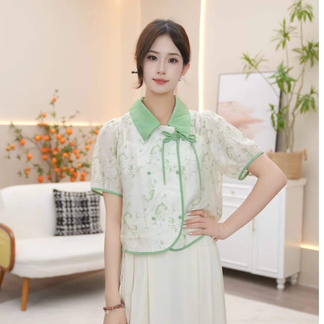 【春季清仓】茵曼春季碎花雪纺新中式盘扣短袖泡泡袖衬衫女