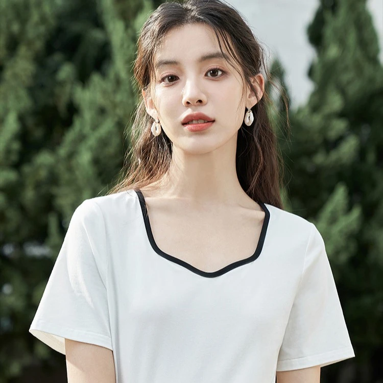 茵曼2025春装法式雅丹风简约通勤修身别致百搭短袖T恤女F18314434