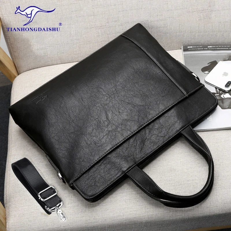 商务男士手提包横款大容量男包公文包14寸电脑包A4文件出差包斜挎