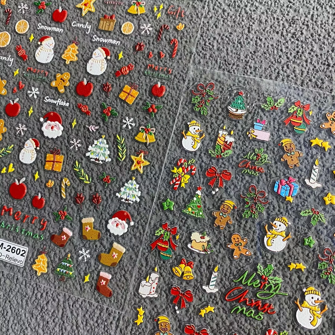 圣诞元素美甲贴纸浮雕圣诞老人雪花麋鹿姜饼人新款背胶指甲贴装饰