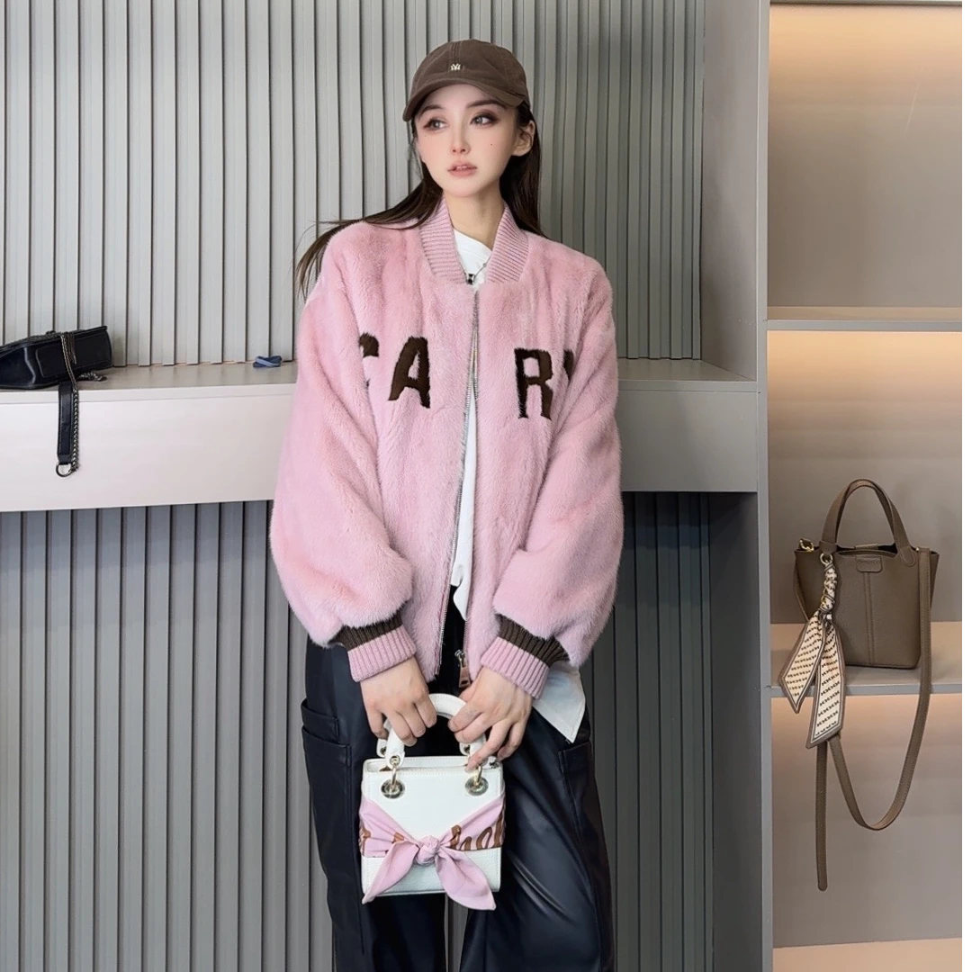 【珊美人】棒球服款轻奢简约名媛雅丹风百搭休闲水貂毛女外套88255