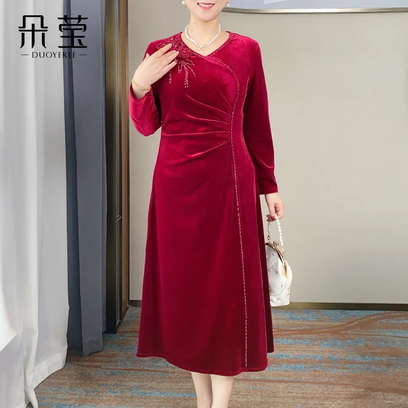 气质妈妈喜婆婆婚宴装红色连衣裙秋季新款中年女洋气时尚长裙6022