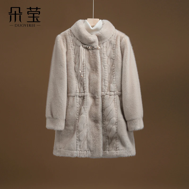 气质妈妈装皮毛一体中长款外套2024新款中年女宽松休闲大衣66163