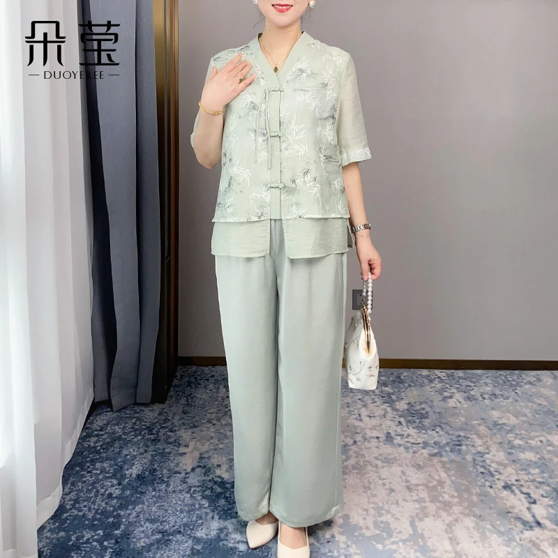 SL夏装新中式妈妈小衫套装中年女士时尚洋气阔腿裤两件套A24-B050