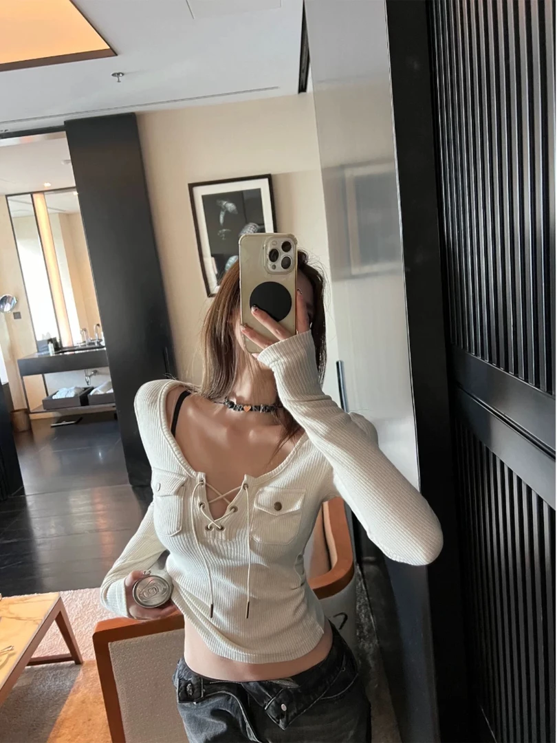 古着商店 复古辣妹设计感绑带长袖T恤C 8290#