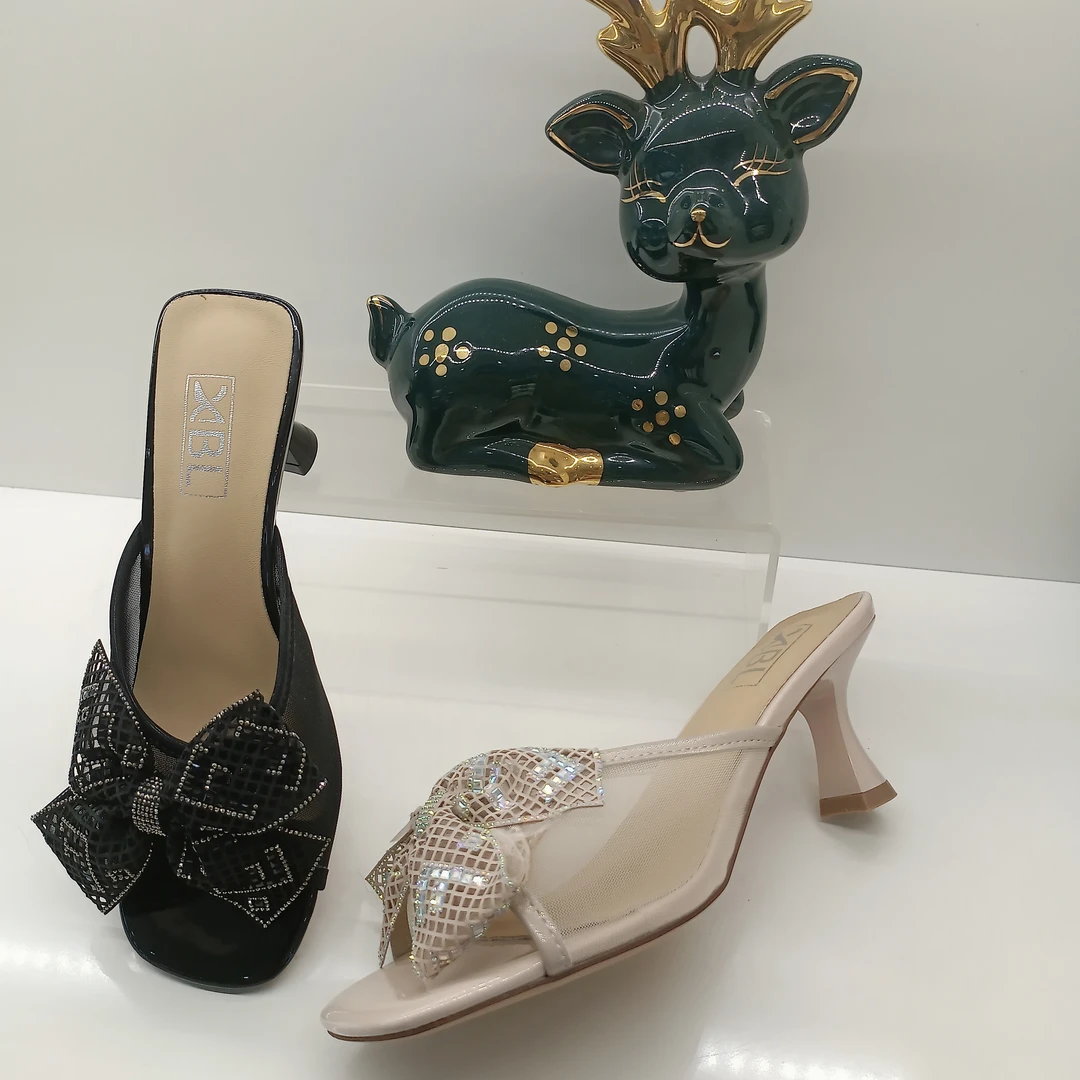 （酒杯跟5-6公分）2023新款品质网面蝴蝶结女式凉拖百搭款6863黑杏