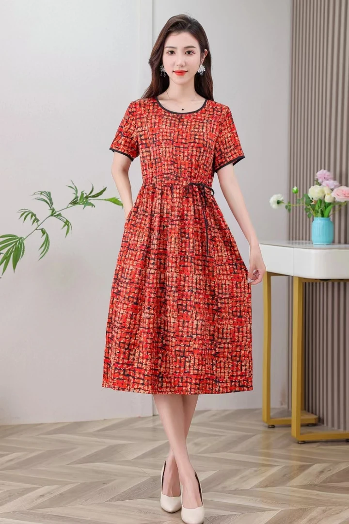 格子印花短袖摆裙时尚妈妈连衣裙夏季宽松印花透气收腰