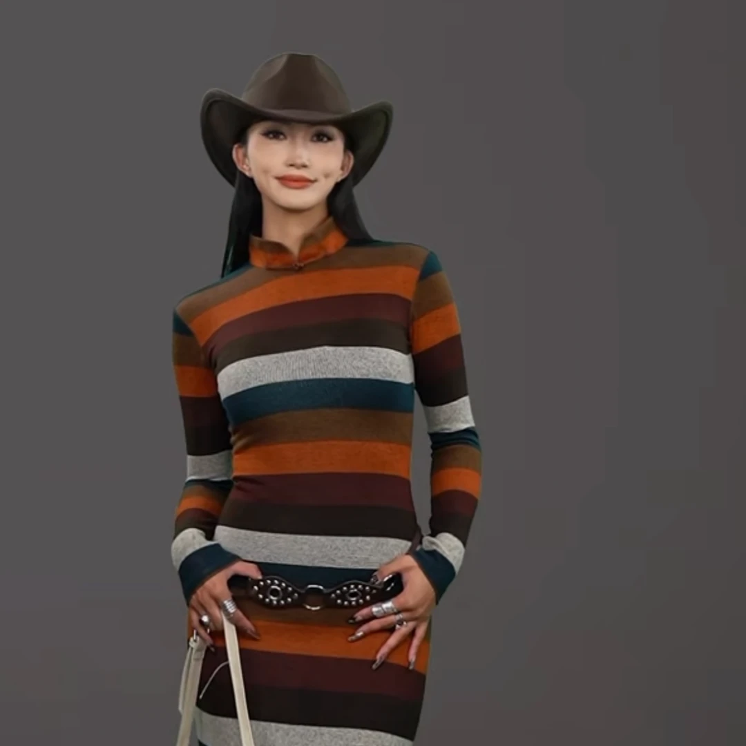 【黛尔玛精品服饰4】设计师新款女士时尚百搭修身条纹连衣裙D9074