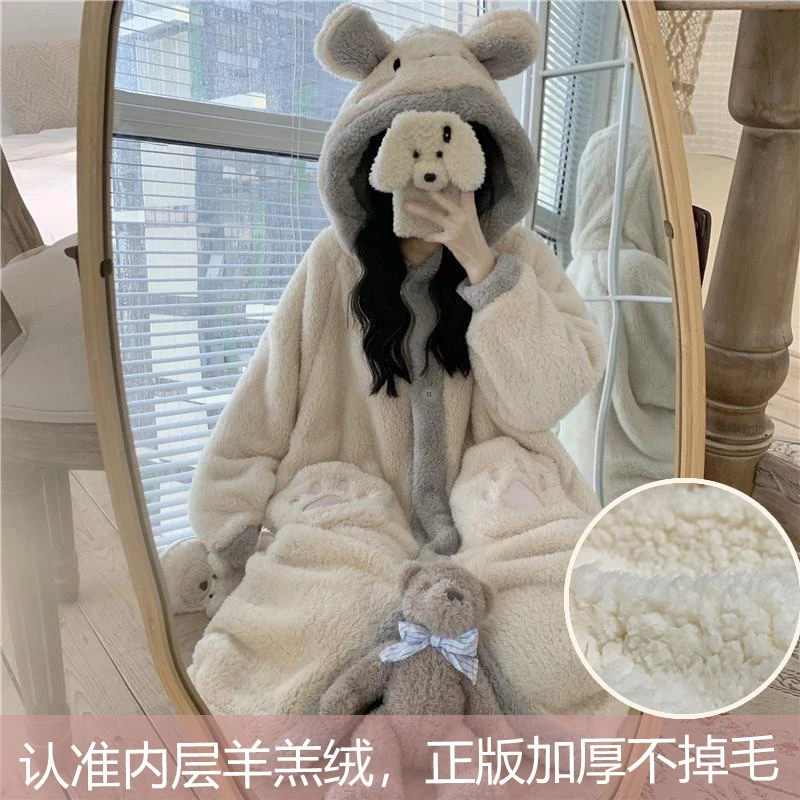 秋冬珊瑚绒睡衣女学生宿舍保暖加绒加厚ins外穿睡袍家居服套装