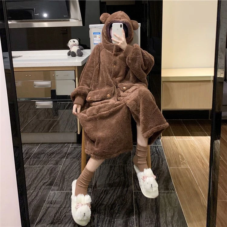 韩版秋冬珊瑚绒睡衣女学生套装可爱卡通长款加绒加厚外穿ins睡袍