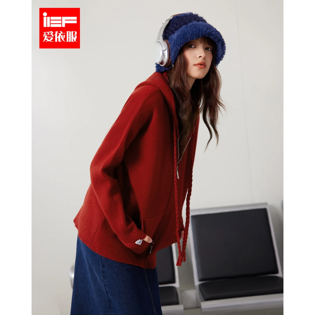 IEF/爱依服2025秋季新款上衣韩版休闲宽松慵懒风连帽毛织中外套