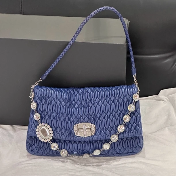 95新 MIU MIU/缪缪 miumiu 大号 宝石链条包法棍包蓝色