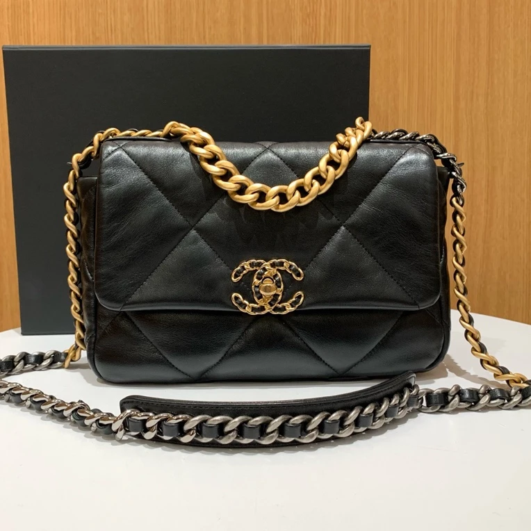 99新 Chanel/香奈儿 19bag 小号 手提单肩斜挎包 黑金芯片款