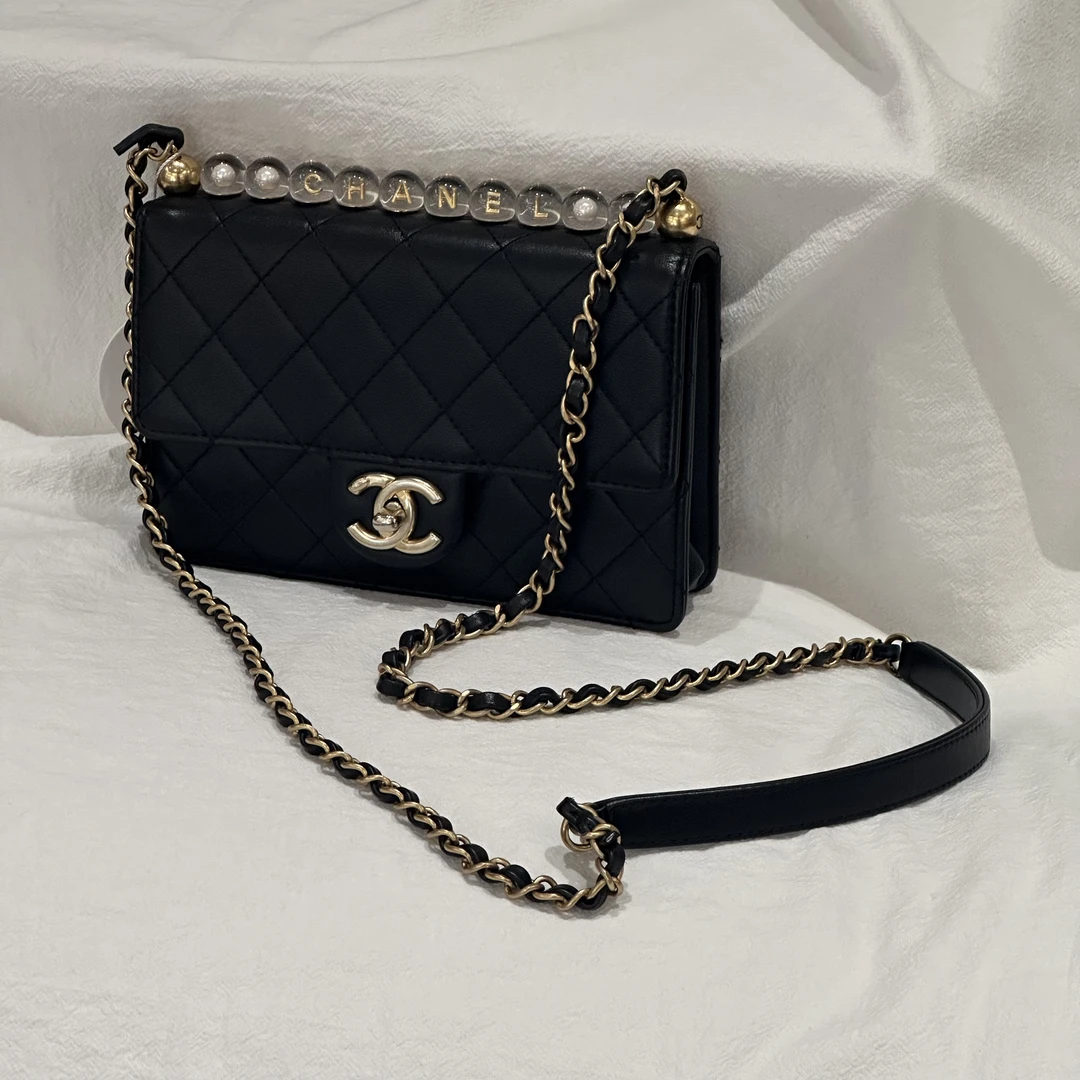 95新 Chanel/香奈儿 Chanel 20C横版 透明珍珠 CF链条包 黑金
