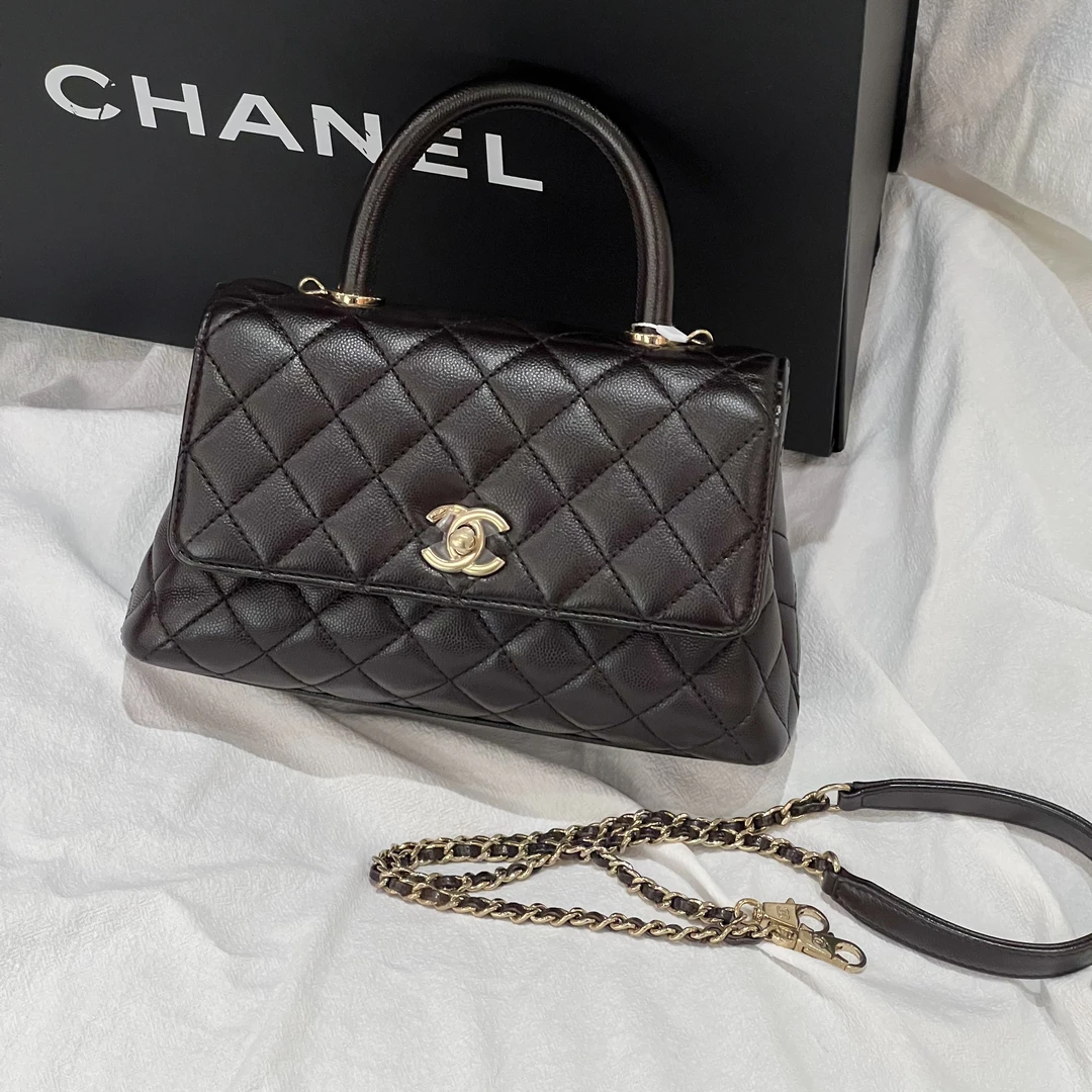 95新 Chanel/香奈儿 Cocohandle小号巧克力深棕色芯片款单肩包