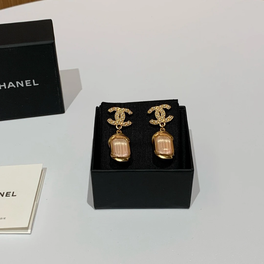 99新 Chanel/香奈儿 Chanel 22A 方糖耳钉珍珠双C粉色方糖吊坠