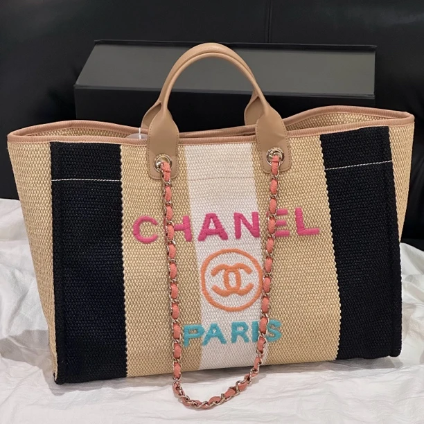 95新 Chanel/香奈儿 Chanel 20C大号沙滩包黑白米三拼色条纹编织