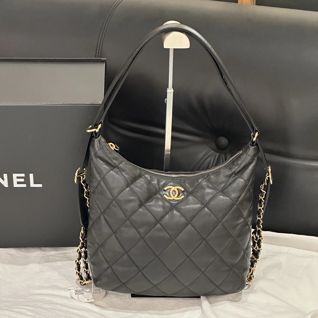 95新 Chanel/香奈儿 Chanel 22B嬉皮Hobo黑金手提腋下包双肩包