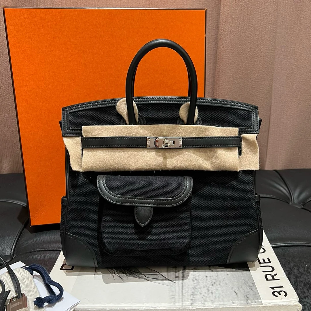 99新 Hermes/爱马仕 Hermes Birkin25 Cargo黑色拼swift皮U刻银扣