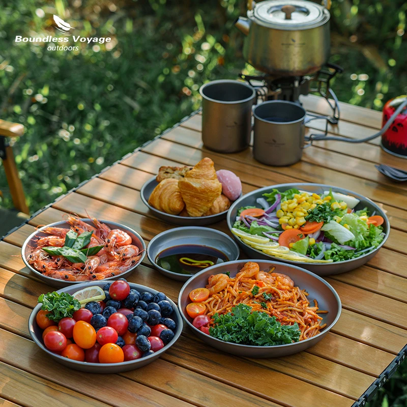 必唯纯钛碟子户外野营盘子蘸酱碟调料餐具6件套菜碟汤碟饭碗露营