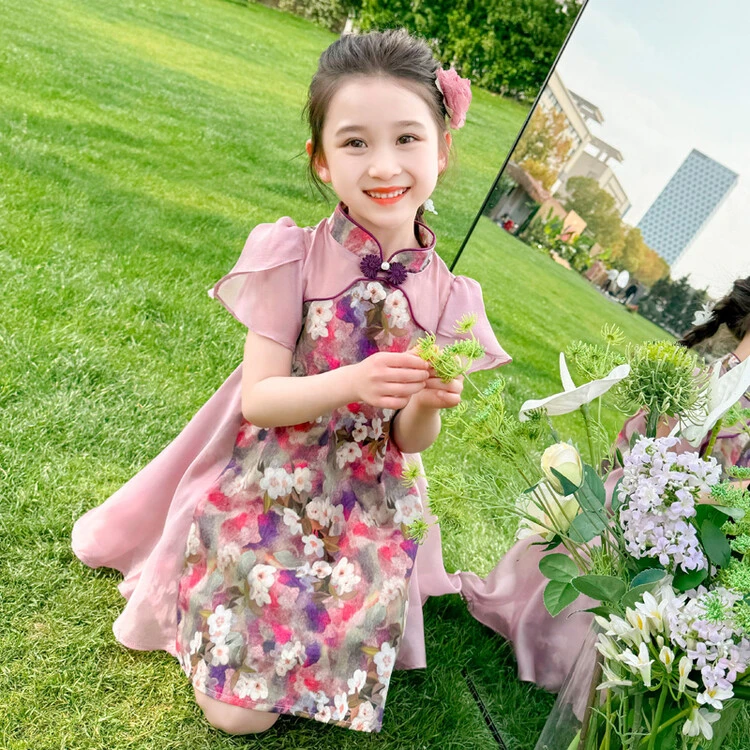 女童新中式复古花边网纱连衣裙2024新款夏季小女孩碎花裙时尚洋气