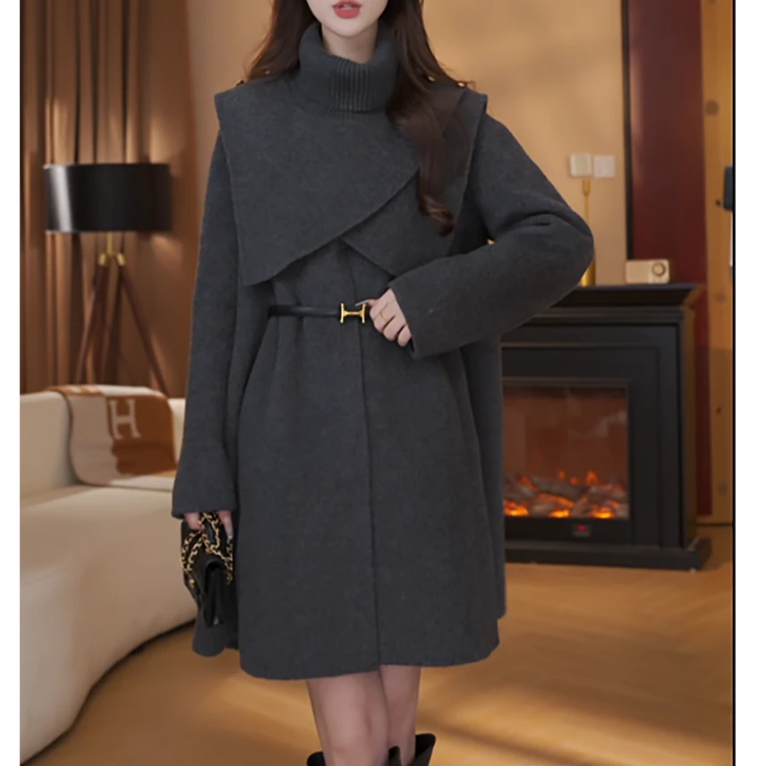 F4小巴黎冬季大衣中长款修身显瘦时髦两件套（送腰带）